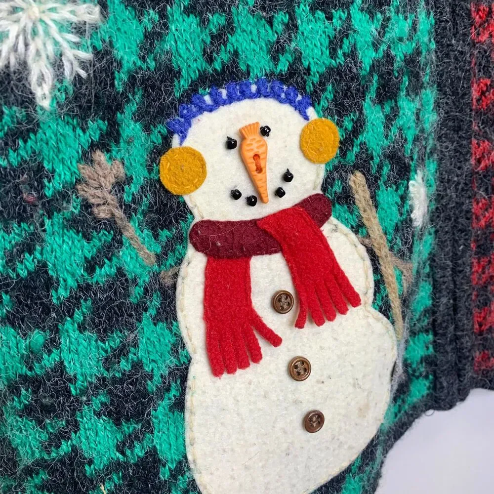 Northern Isles Wool Blend Zip Front Vest Christmas Snowman Hounstooth‎ Design Lg